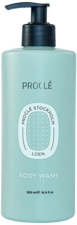 Jasnozielona butelka z czarnym dozownikiem, oznaczona 'Proclé' i 'Body Wash', zawiera 500 ml.