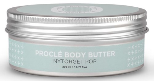 En rund beholder med Proclé Body Butter i lyseblå emballasje, merket "Nytorget Pop," 200 ml kapasitet.