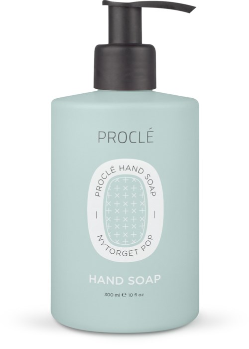En ljusturkos handtvålflaska med svart pump, märkt 'Proclé Hand Soap,' 300 ml, enkel design.