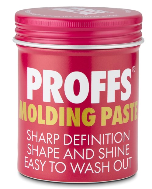 Ett litet rosa förvaringsburk med PROFFS Molding Paste, vitt och gult text, nämner form, glans och enkel tvätt.