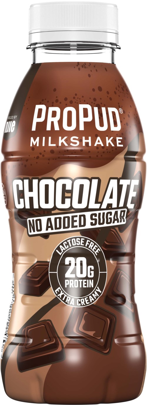 En chokladsmakande milkshakeflaska som är laktosfri, rik på protein och utan tillagt socker.