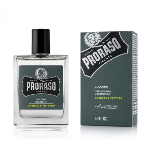 Butelka perfum i opakowanie z logo Proraso, oznaczone jako cyprys i vetiver woda kolońska.