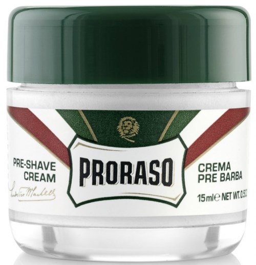 Groene en witte pot Proraso pre-shave crème met logo en tekst.