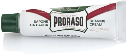 Tuba kremu do golenia Proraso z zieloną nakrętką, z napisem po włosku i angielsku, biało-zielony design.