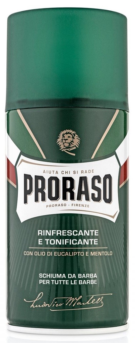 Vihreä Proraso-vaanero, jossa valkoinen etiketti, musta teksti ja lion-logo. Se on virkistävä ja vireyttävä.