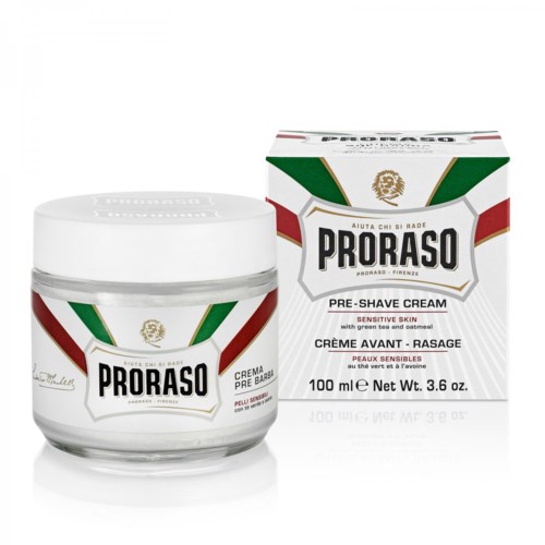 Słoik kremu przed goleniem Proraso z zieloną herbatą i oatmeal, z opakowaniem z nazwą marki i szczegółami.