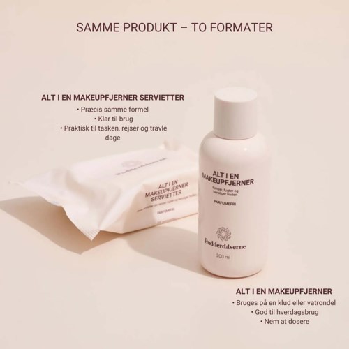 Logo of a product called 'ALT I EN MAKEUPFJERNER SERVIETTER' with a bottle and wipe shown, emphasizing ease and convenience.