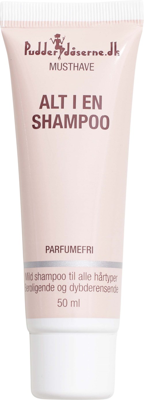 En hvit og rosa sjampoTube merket 'Must Have', for alle hårtyper, parfymefri, 50 ml.
