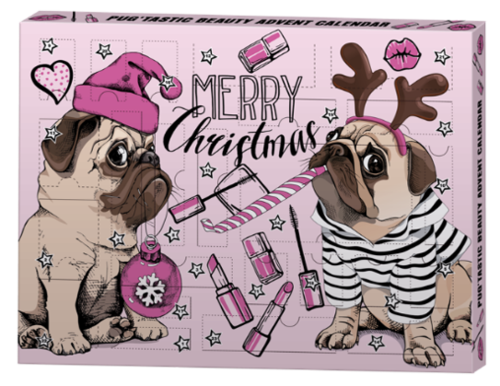 To søte bulldoger kledd til jul med accessories som julhatt og reinhorn, omgitt av festlige ting.