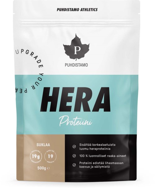 En förpackning Hera proteinpulver med vit, teal och beige design, med en svart lönnlöv- logo och finsk text.