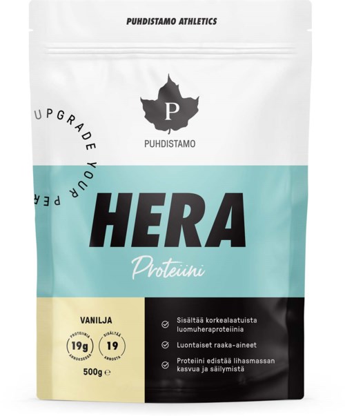 En vit och teal påse märkt 'HERA Proteini' innehåller vegansk protein, med text på finska om dess fördelar.