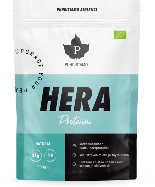 Ett paket Hera proteinpulver med vit och teal-design, med svart text och en grön ekologisk etikett.