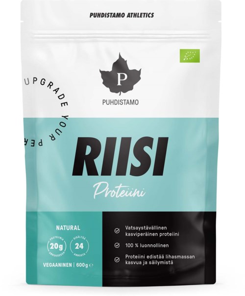 En vit och teal förpackning märkt "RIISI Protieni" med en svart logo och grönt EU-märke, som visar veganskt protein.