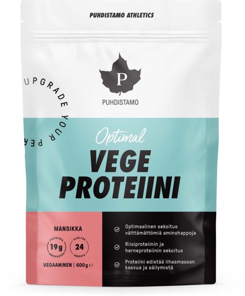 Vit och blå påse märkt 'Vege Proteini' med en rosa del som visar 'Mansikka 19g'. Logga med blad och 'Puhdistamo Athletics' högst upp.