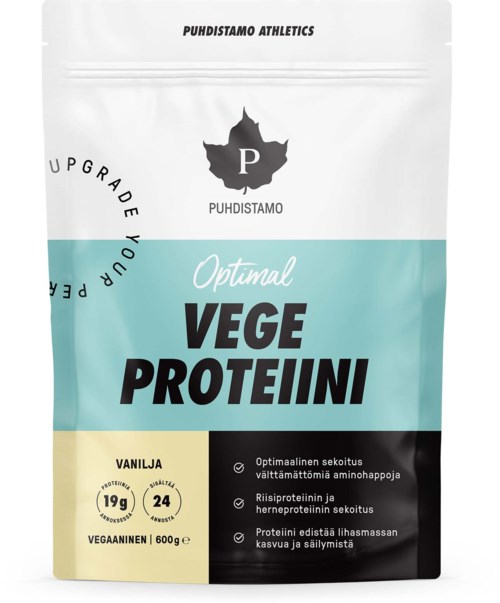 En vit, blå och gul påse med veganskt grönsaksproteinpulver med en svart P-logga och finsk text.