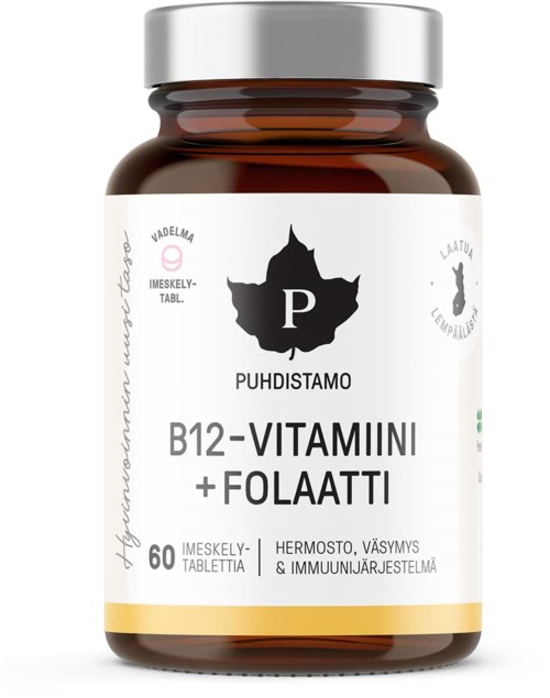 Ruskea pullo, jonka etiketti tarjoaa B12-vitamiinia ja foolihappoa immuunijärjestelmän ja energian tueksi, sisältää 60 tablettia.