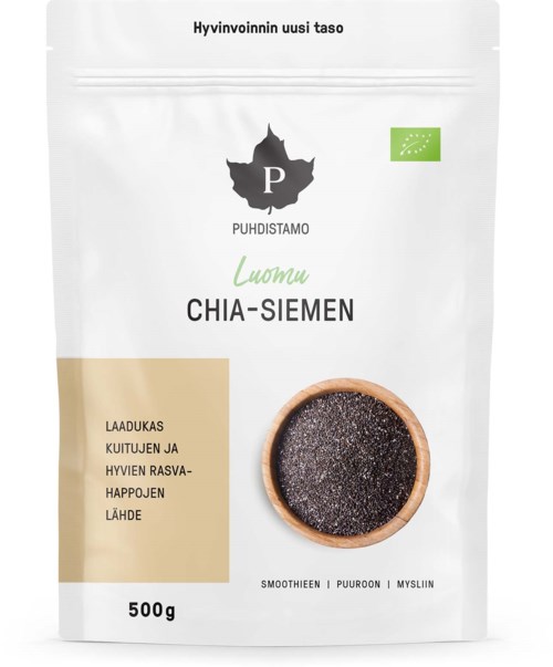 En vit förpackning med en svart logo, grön leaffsymbol och en bild av chiafrön i en skål. Den nämner hälsosamma fördelar.