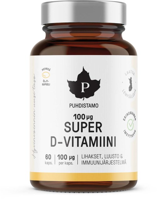 En kosttillskottsflaska märkt "Puhdistamo Super D-Vitamini" med 60 kapslar á 100 mikrogram vardera, för hud, hår och immunförsvar.