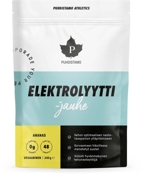 En vit och blå förpackning med märket "ELEKTROLYYTTI jaute" innehållande sportdrycksost med ananas smak och hälsosamma egenskaper.