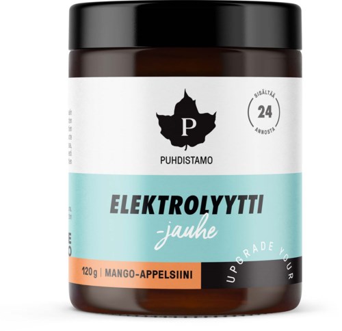 En brun burk med svart lock. Etiketten säger "ELEKTROLYYTTI" och "mango-apelsin". Den har en logga med ett svart blad och bokstaven P.