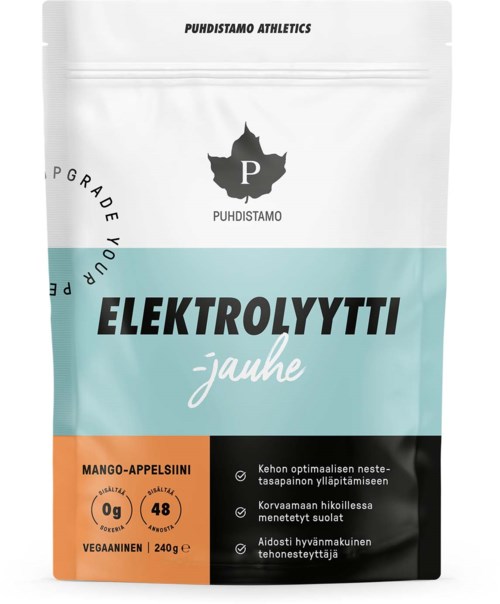 Pussi elektrolyyttiainetta mango- ja appelsiinimakuisena, 240g, vegaaninen, edistää nesteytystä, ei sisällä sokeria, kestää 48 annosta.