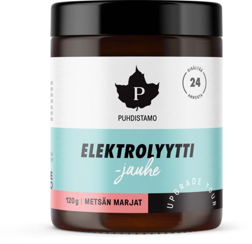En burk med vit etikett och svart lock, med ett bladformat logotyp, text om elektrolys och rosa höjdpunkt.
