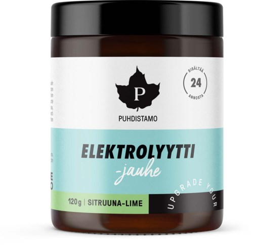 A brown jar with a white and light green label, containing Elektrolyyti jaure lime, for hydration, weighing 120 grams.