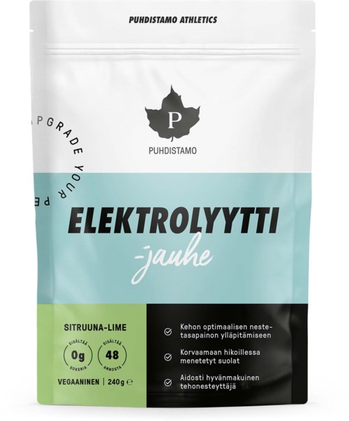 Valkoinen pakkaus, jossa vihreä, sininen ja musta osa, sisältää Puhdistamo-logon, sitruunan maku ja vegaaninen tuote.