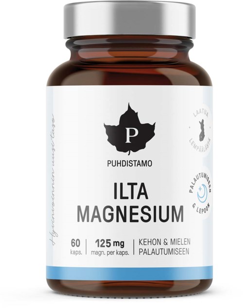 Ruskea pullo nimeltä 'Ilta Magnesium' ja 125 mg kapselit, sisältää magnesiumia, kalsiumia ja MCT:tä. Terveydelle.