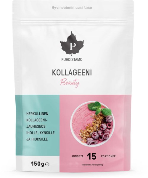 Valkoinen pakkaus, jossa on pinkki ja sininen osa, näytössä marjoja ja granolaa. Se on kollageenilisä kauneutta varten.