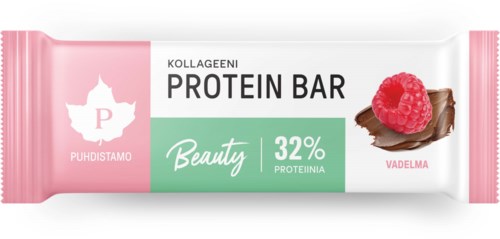 Proteiinipalkka vadelma ja suklaa, merkattu Kollageeni Protein Bar, 32% proteiinia, beauty-versio.