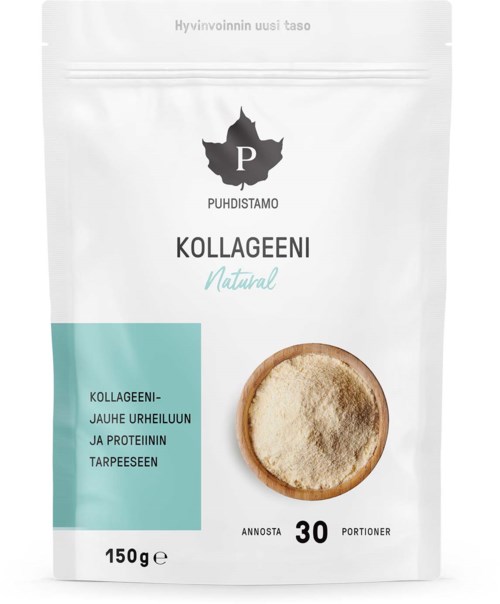 En vit förpackning med en svart lönnblad-logo, visar kollagenpulver i en skål, text om collagenfördelar och mängd.