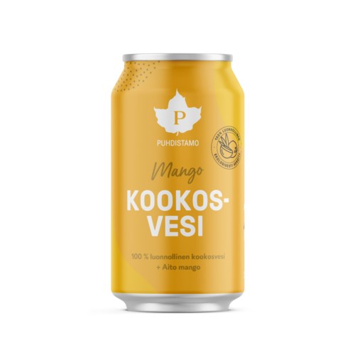 En gul burk med kokosvatten med mangosmak, märkt Puhdistamo, med en logga och bild av en mango.