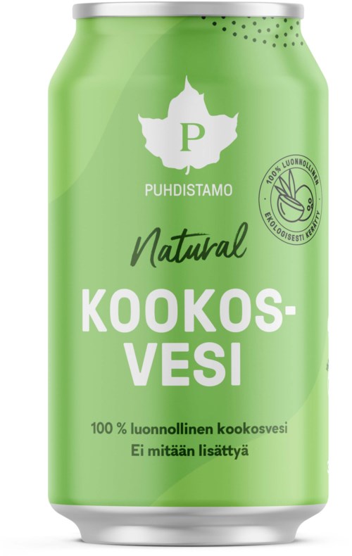 En grön burk med kokosvatten med finsk text, en bladlogga och fokus på naturliga ingredienser.