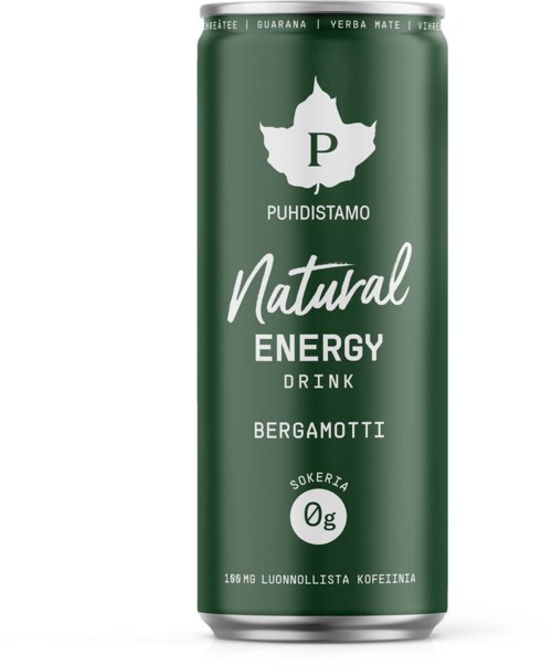 Vihreä purkki luonnollista energiajuomaa, lehtilogo ja teksti, maku 'Bergamotti', ei sokeria, kahvipavutiedot.