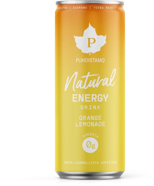 En långburk med orange lemonad energidryck, med en vit lövlogga och gul-orange gradient bakgrund.