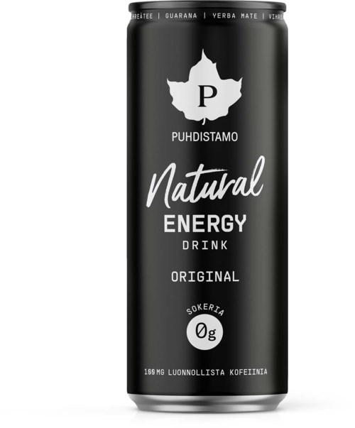 En svart burk med V energidryck med vit text och ett bladlogotyp, märkt som naturlig, original, utan socker.