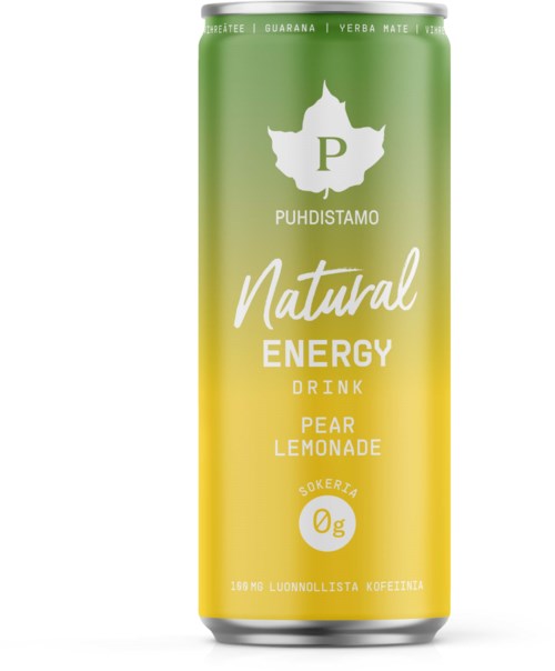 A can of natural pear lemonade energy drink with a green and yellow design, the Puhdistamo logo, and 0g sugar.