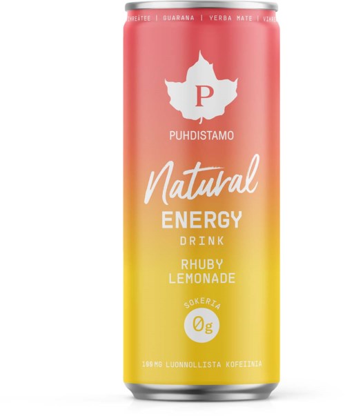 En lång, smal burk med en färgövergång från rosa till gult, med ett lövlogo och text om en naturlig energidryck.