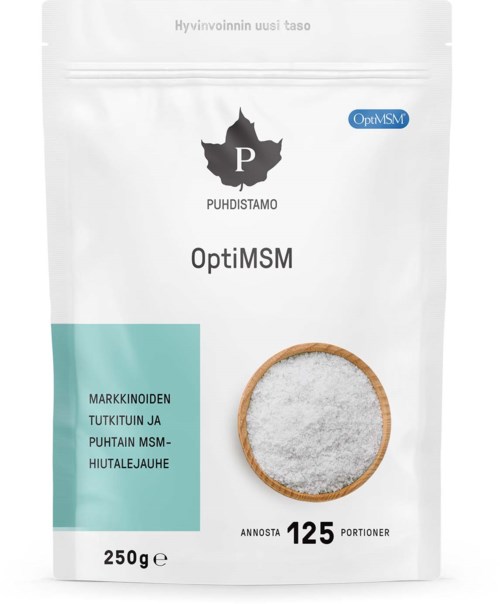 En vit förpackning märkt 'OptiMSM' med en liten blå etikett, en logga och en rund träskål som visar vitt pulver.