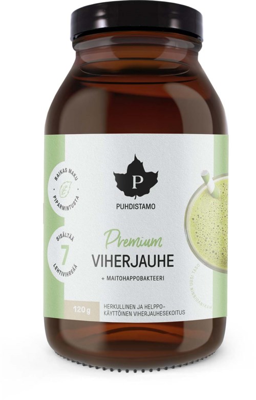 A brown bottle with a white and green label showing lemon juice, brand logo, and text in Finnish.