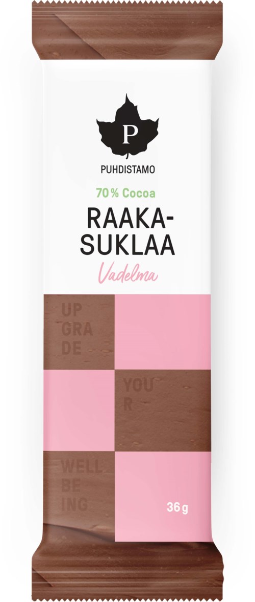 Suklaapatukka, jossa pinkkejä ja ruskeita osia, nimeltä 'Raaka-Suklaa Vadelma'. Sisältää 70 % kaakaota. Tuotemerkki on Puhdistamo.