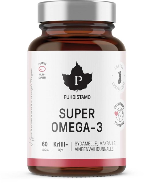 En kosttillskapsflaska märkt 'Super Omega-3', med 60 kapslar med krillolja för hjärta, hjärna och leder.