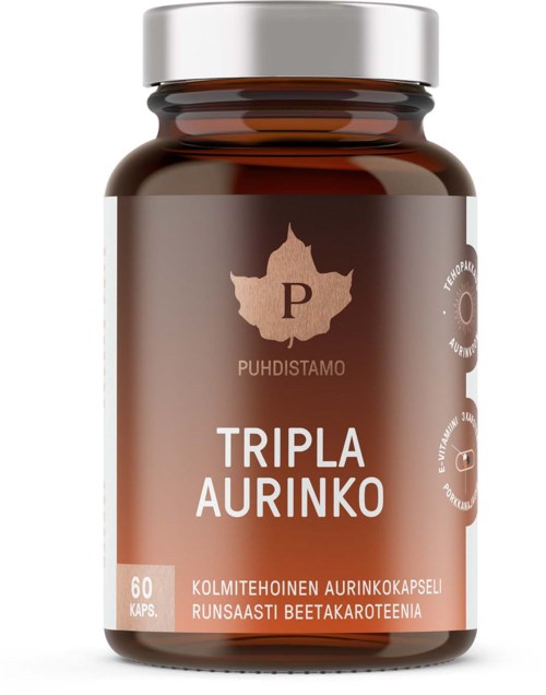 Valkoisen korkin kanssa ruskea pullo, etikossa lehtilogo, teksti suomeksi ja maininta 60 kapselista beetaruohoa.