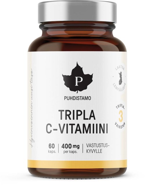 A bottle labeled "Tripla C-Vitamini" contains 60 capsules, each with 400 mg. It is a Finnish dietary supplement.