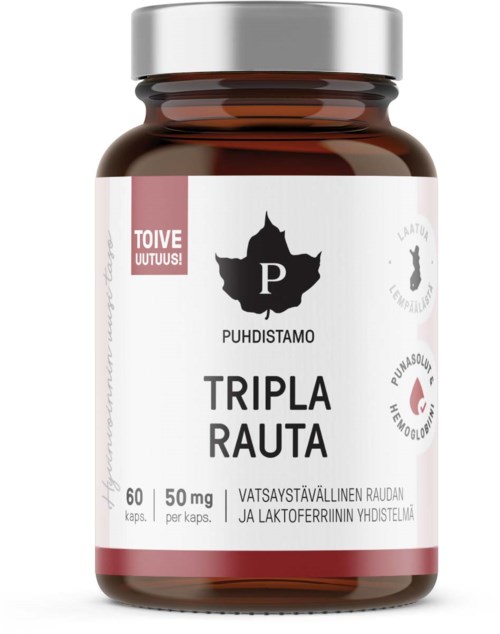 Pullo, jossa teksti 'Tripla Rauta', sisältää 50 mg rautaa ja muita aineita, suomenkielinen teksti ja lehtilogo.