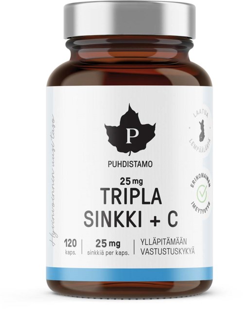 En kosttillskottsflaska märkt 'TRIPLA SINKKI + C' innehåller 120 kapslar med 25 mg var av zink och vitamin C.