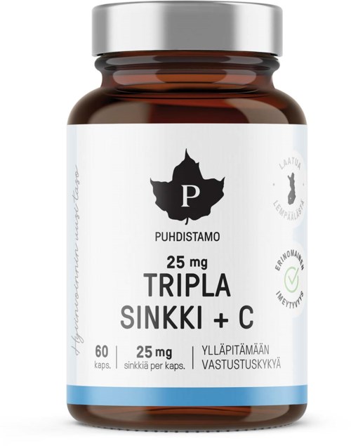 En brun flaska märkt Puhdistamo Tripla Sinkki + C med 60 kapslar, innehållande 25 mg zink och vitamin C vardera.