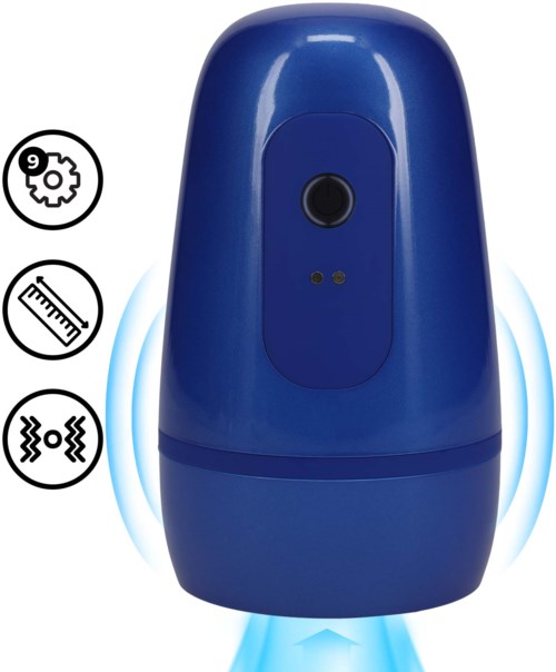 En blå enhet med knapp och sensor, omgiven av ikoner som visar rengörings-, spray- och vibrationsfunktioner.