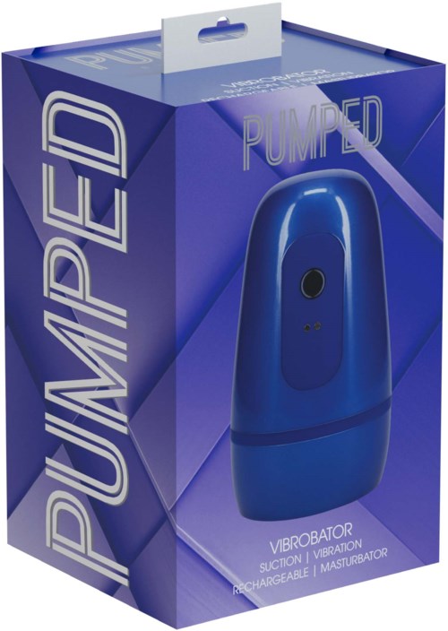 Blå vibroator i förpackning med orden "PUMPED" och funktionsdetaljer.
